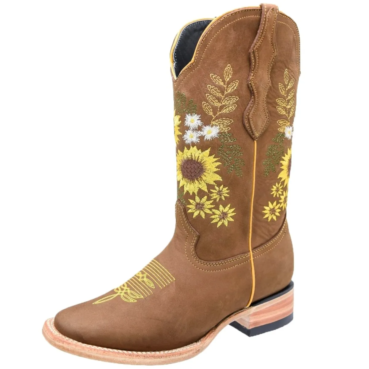 Botas de Cuero Nobuck Horma Rodeo para Mujer Color Miel con Girasoles WD-492