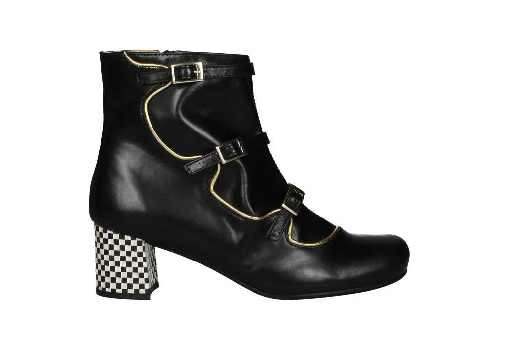 Botin Cremallera Piel Negro Hebillas Vivos Oro Tacon Cuadros