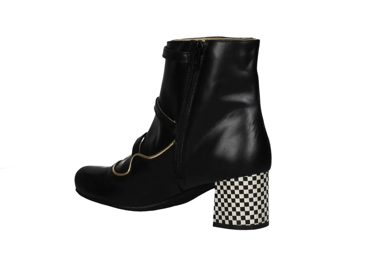 Botin Cremallera Piel Negro Hebillas Vivos Oro Tacon Cuadros