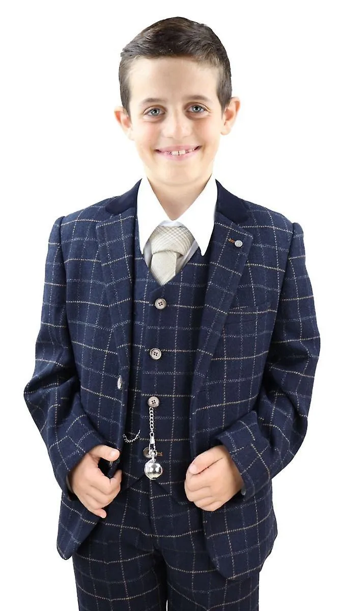 Boys 3 Piece Navy Blue Tweed Check Classic  Suit