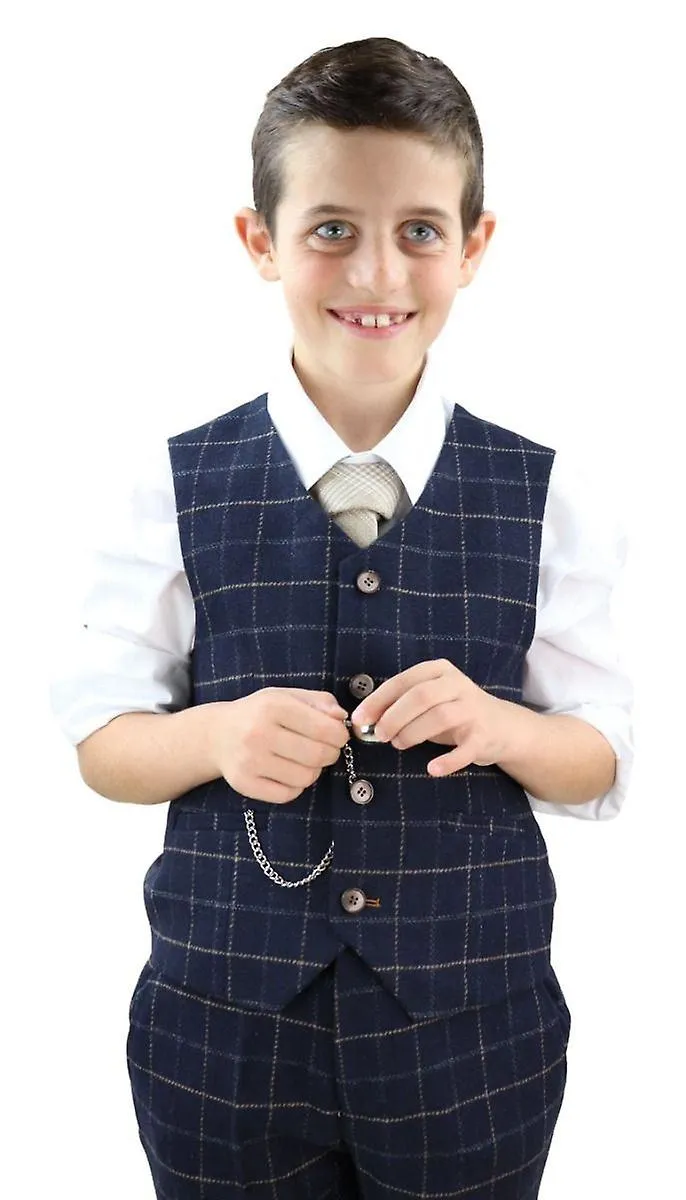 Boys 3 Piece Navy Blue Tweed Check Classic  Suit