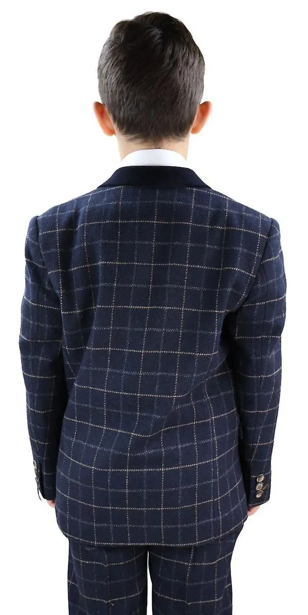 Boys 3 Piece Navy Blue Tweed Check Classic  Suit