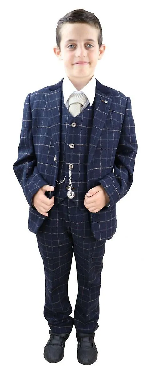 Boys 3 Piece Navy Blue Tweed Check Classic  Suit