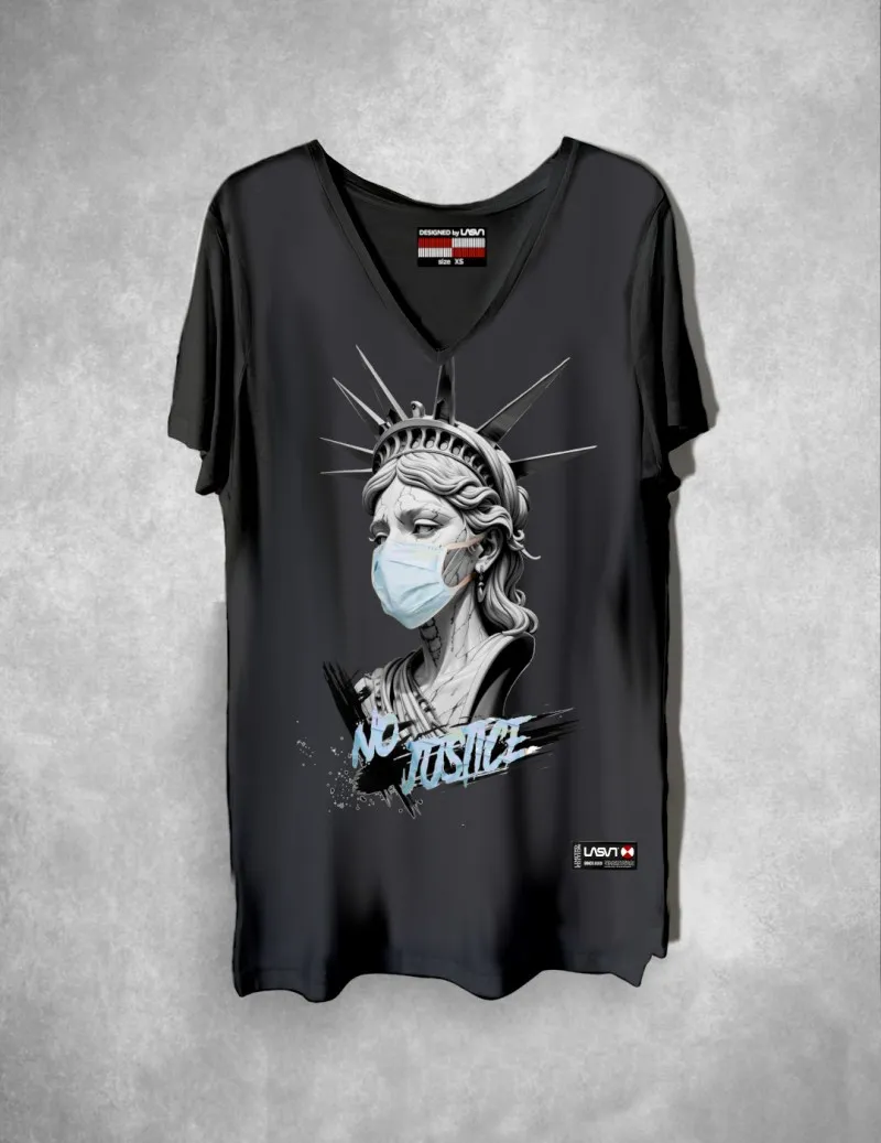 Camiseta de mujer Lasal larga NO JUSTICE negro desgastado