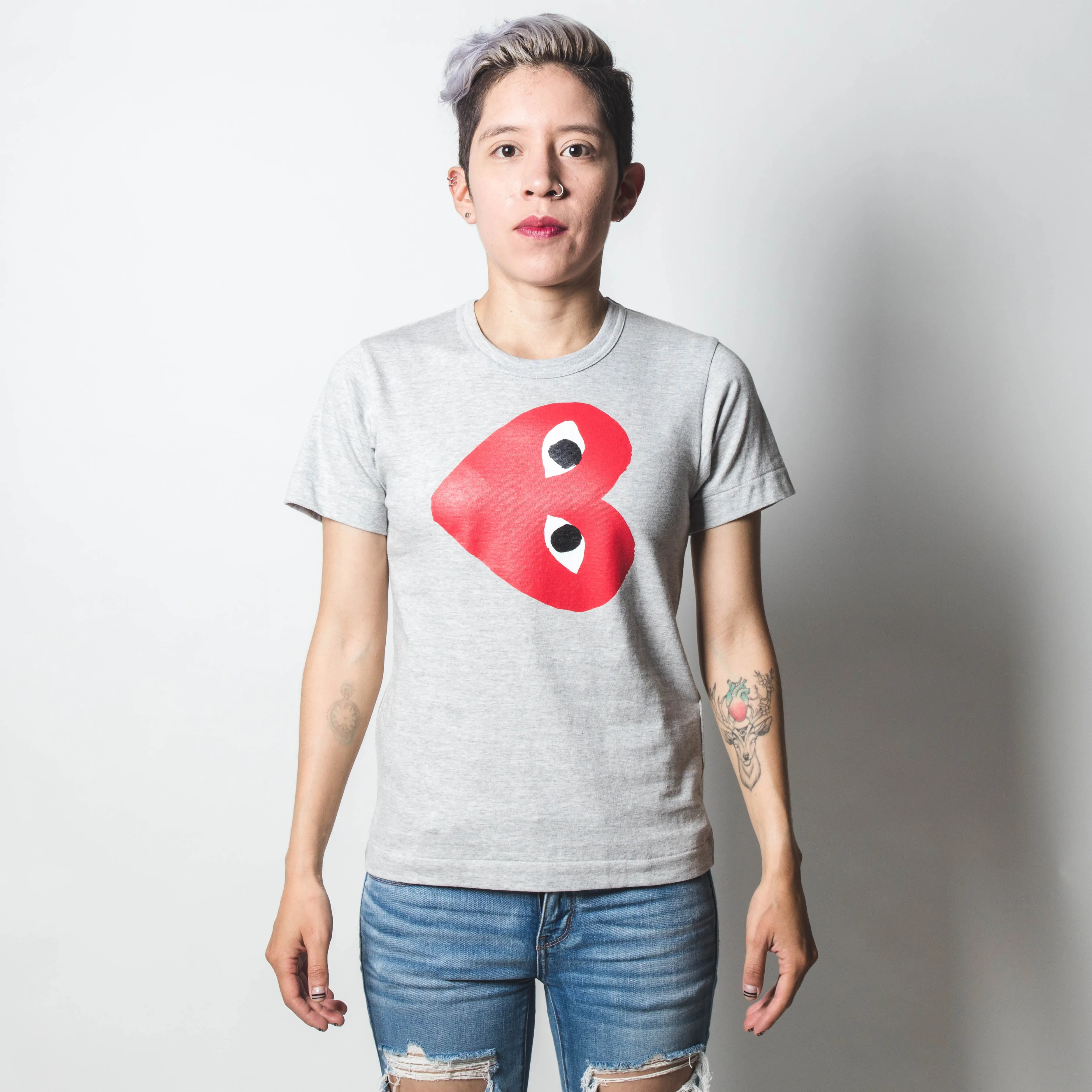 CDG PLAY Flipped Red Heart Grey T-shirt