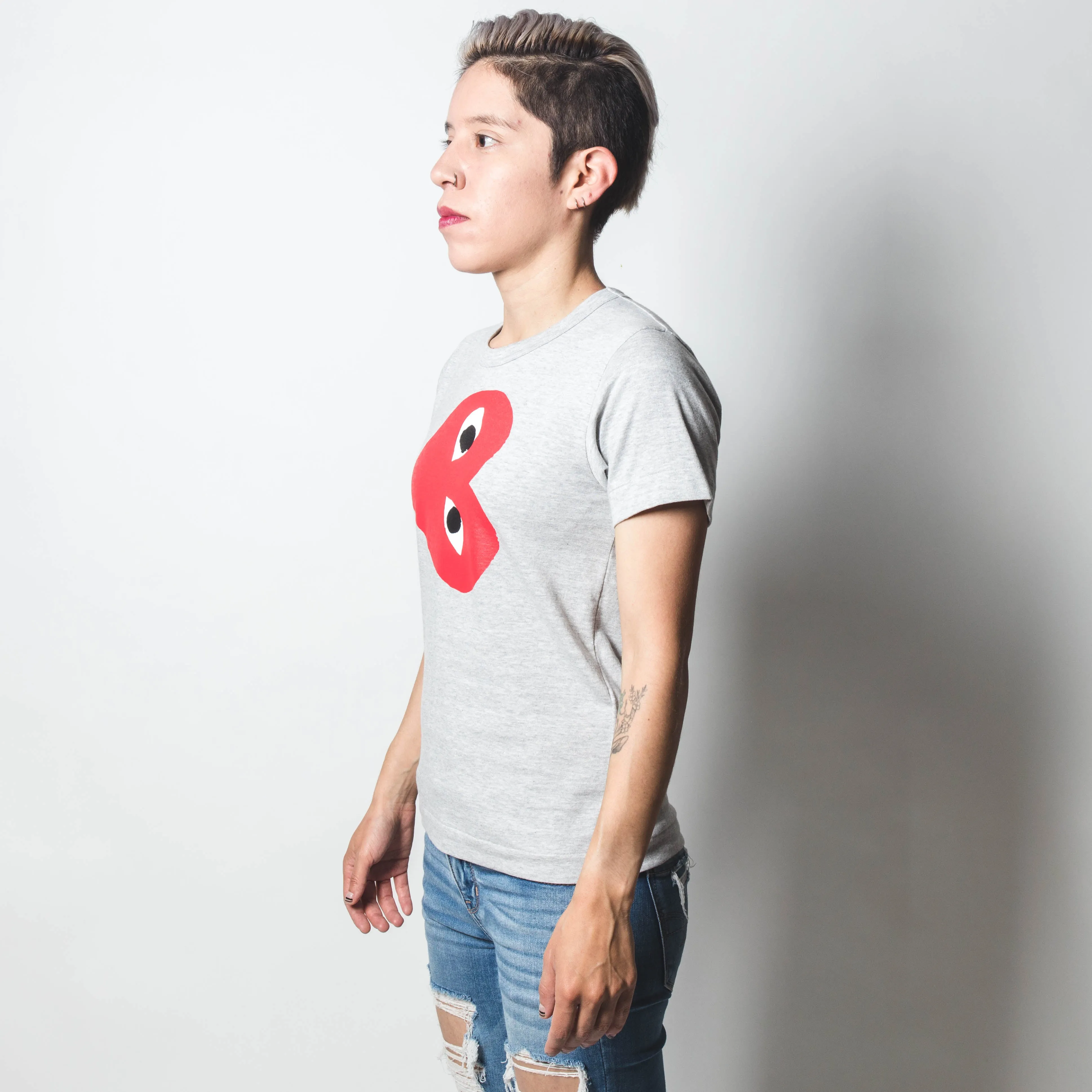 CDG PLAY Flipped Red Heart Grey T-shirt