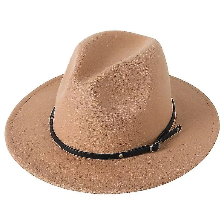 Classic Black-felt-hats-for-women, Wide-brim-wool-rancher-panama Jazz Hat With Belt-buckle