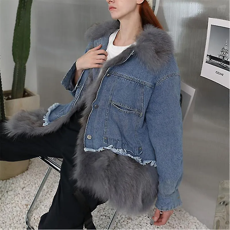 Evago Real Fox Fur Collar Denim Coat Woman Genuine Fox Fur Loose Jeans Warm Jacket Fashion Denim Thicken Winter Parka Christmas 