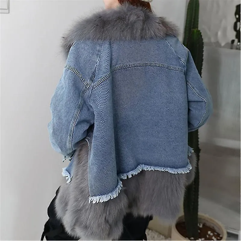 Evago Real Fox Fur Collar Denim Coat Woman Genuine Fox Fur Loose Jeans Warm Jacket Fashion Denim Thicken Winter Parka Christmas 