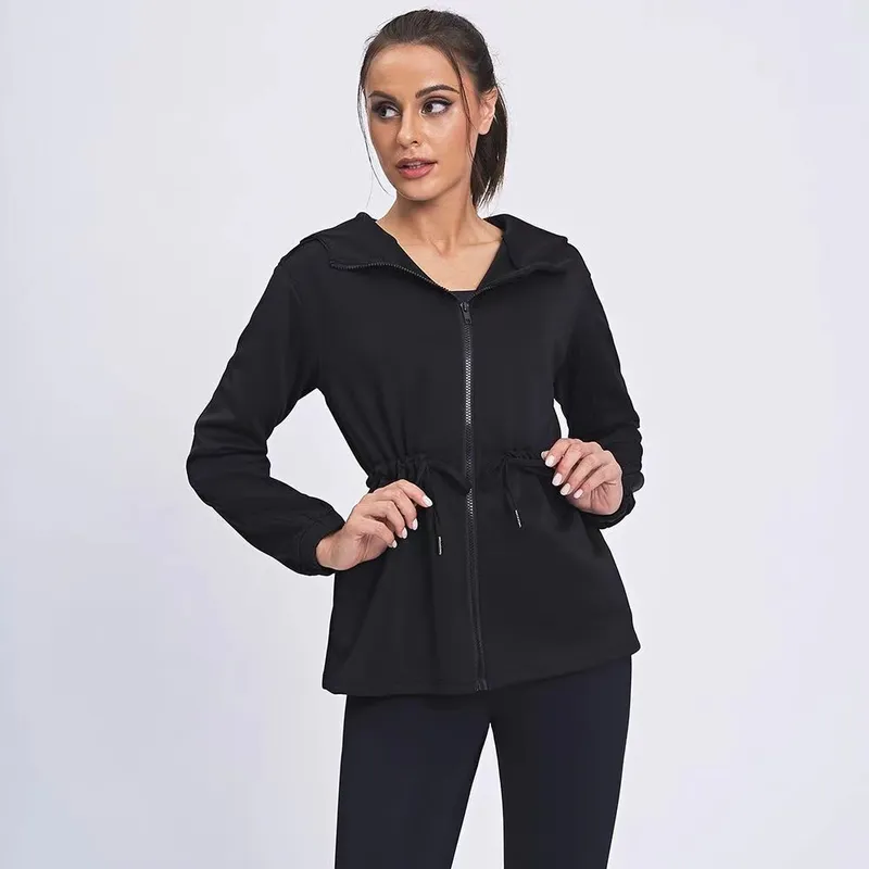 Femenina de la chaqueta del viento del viento del yoga lluvia con capucha del gimnasio rebelde del gimnasio de la gabardina larg