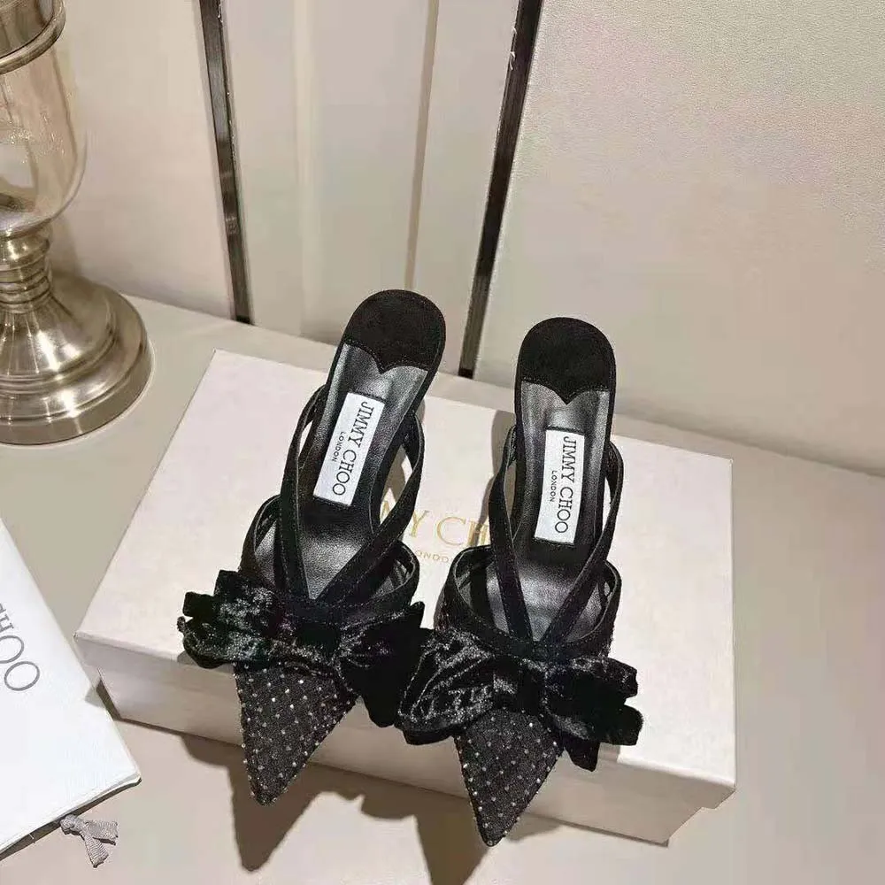 Jimmy Choo Mujer Flaca Mule 50 Mules De Malla De Cristal Negro Con Lazos