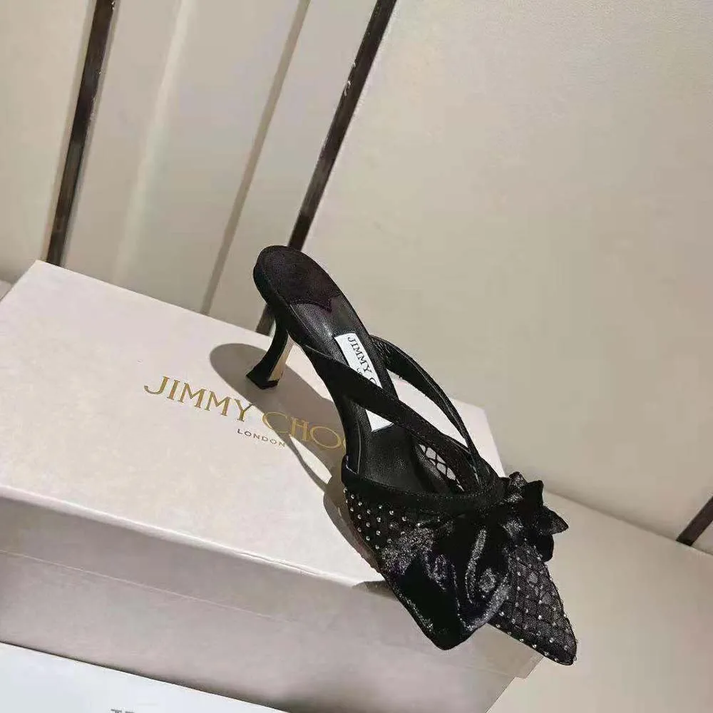 Jimmy Choo Mujer Flaca Mule 50 Mules De Malla De Cristal Negro Con Lazos