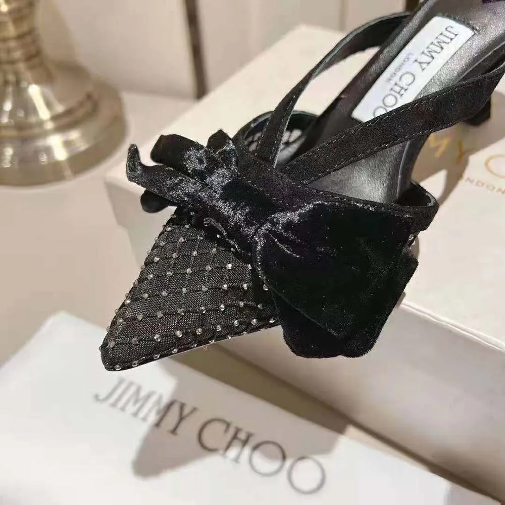 Jimmy Choo Mujer Flaca Mule 50 Mules De Malla De Cristal Negro Con Lazos