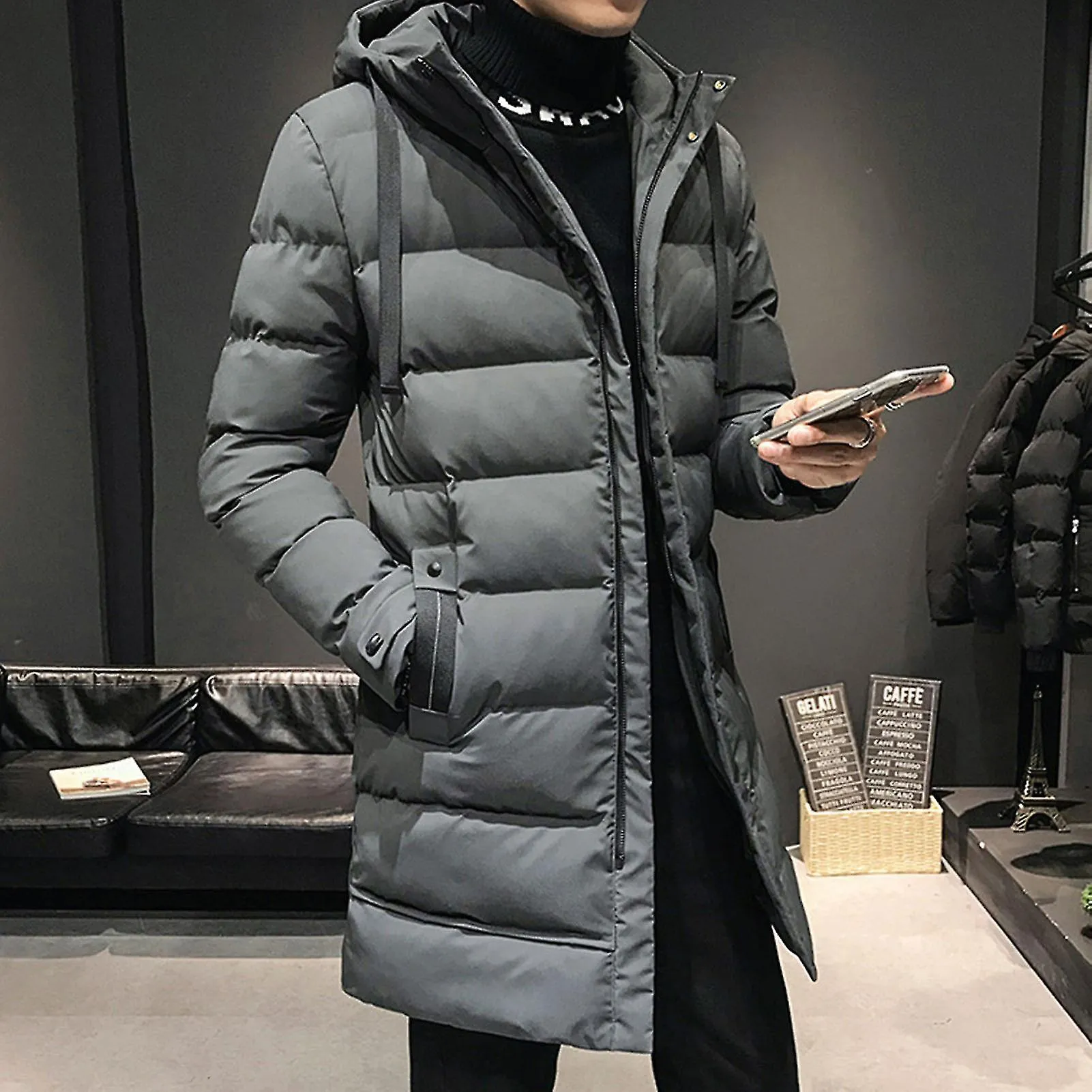 Men Winter Parka Down Coat Hooded Ultimate Warmth Wind Protection High Collar Mid-length Outdoor Snow Jacket