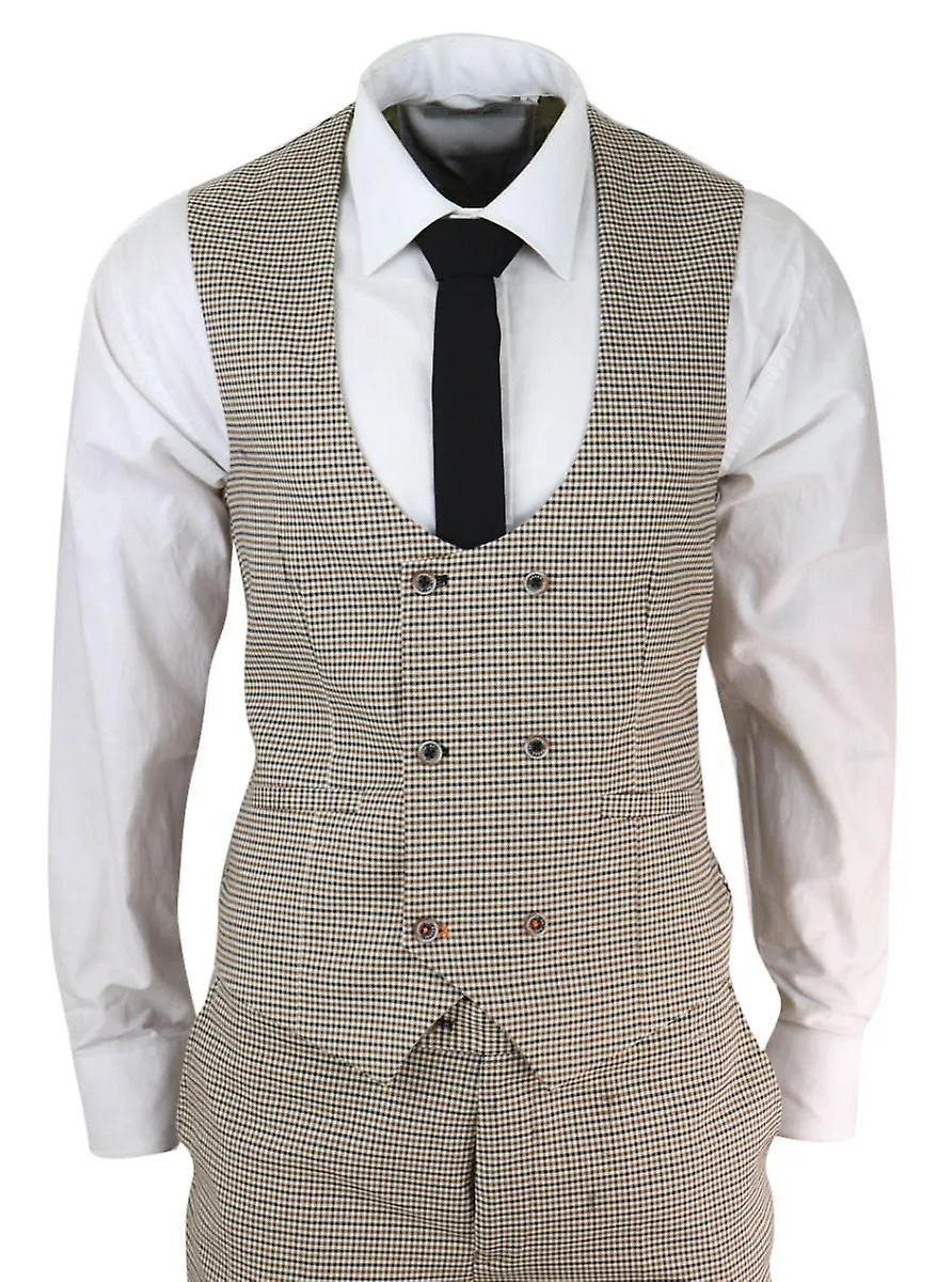 Mens 3 Piece Beige Check Retro Vintage Classic Suit