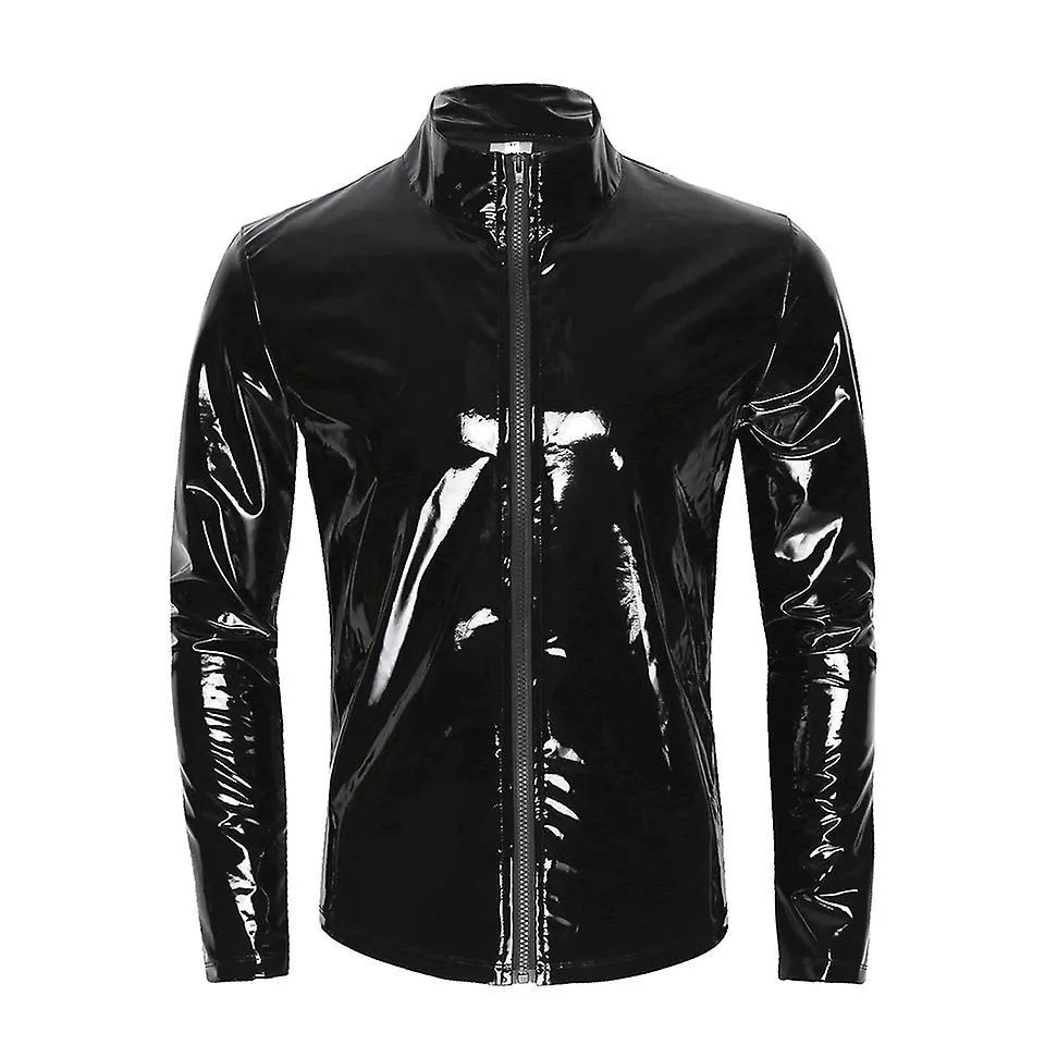 Otwoo S-7xl Plus Size Hombres Sexy Shiny Wetlook Camisa de cuero Erotic Shaping Sheath Casual Coat Male Glossy Pvc Leather Jacke