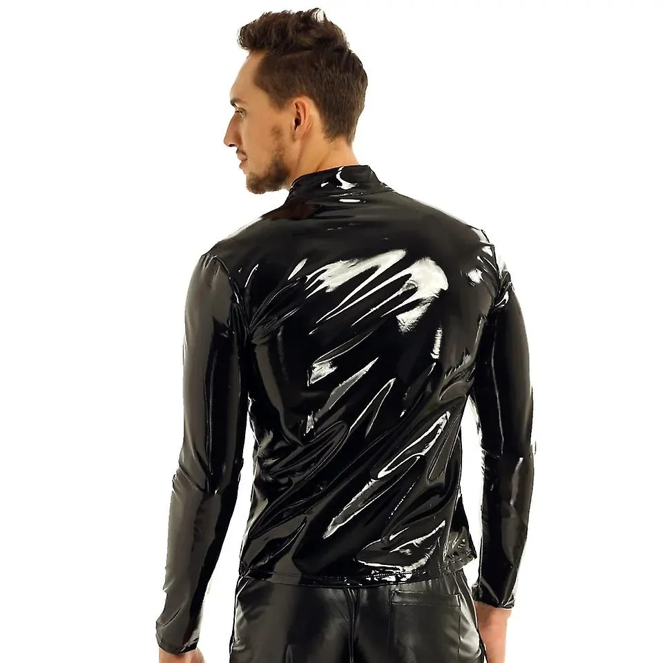 Otwoo S-7xl Plus Size Hombres Sexy Shiny Wetlook Camisa de cuero Erotic Shaping Sheath Casual Coat Male Glossy Pvc Leather Jacke