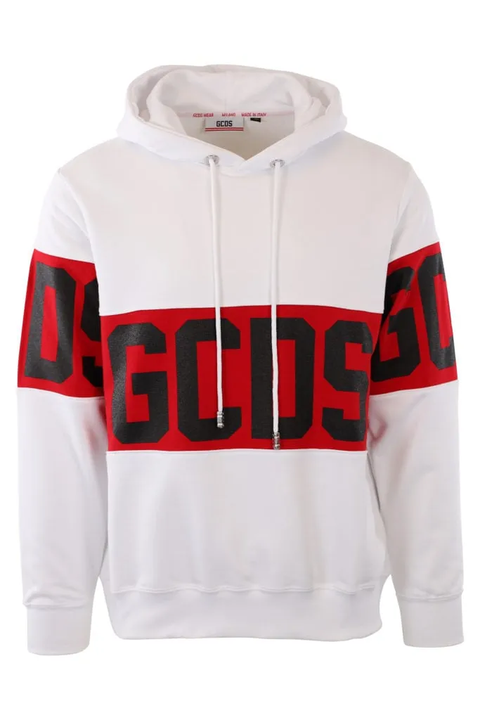 Sudadera blanca con capucha y logo en banda rojo