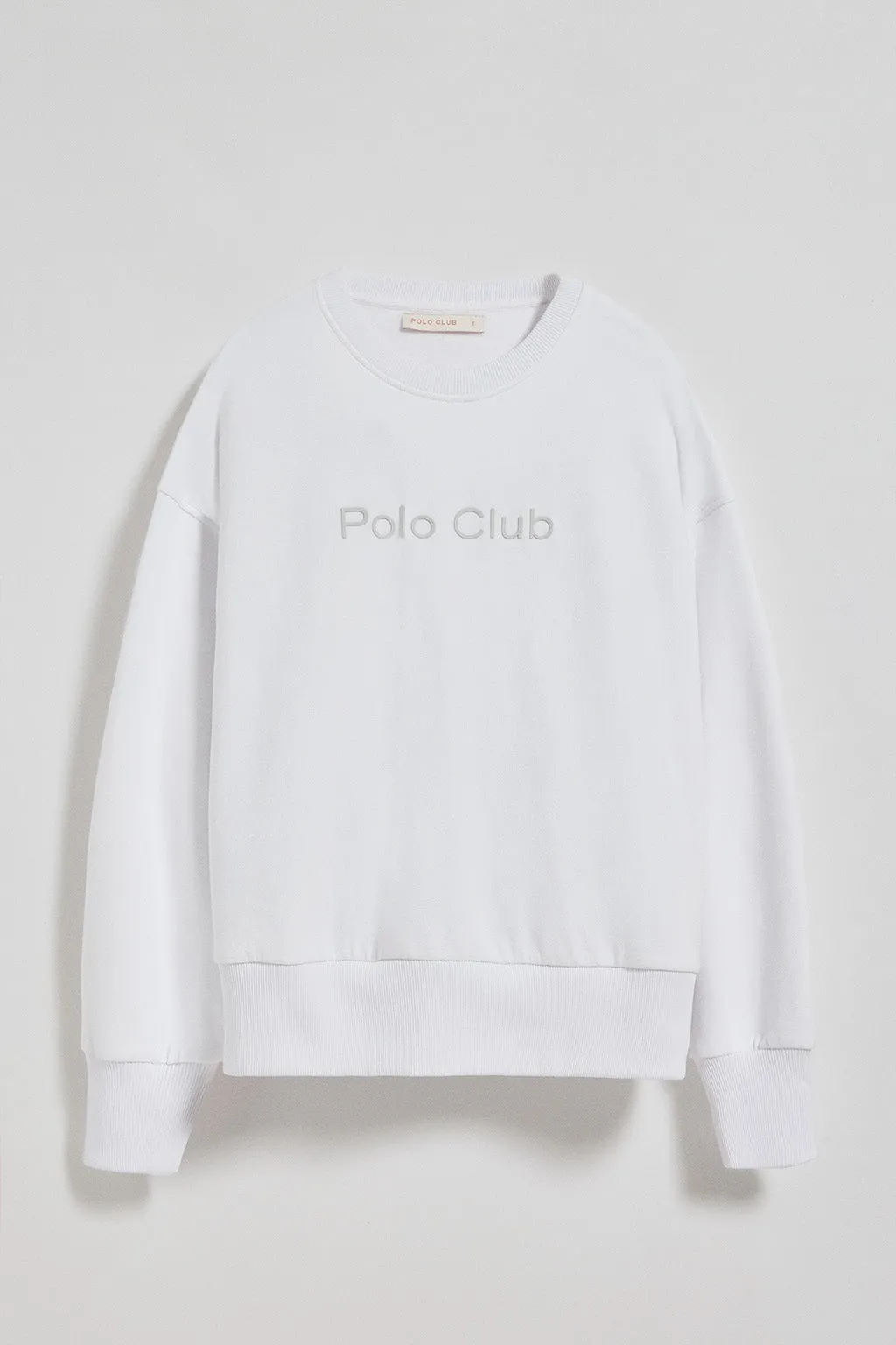 Sudadera básica de cuello redondo blanca con logo frontral Polo Club engomado