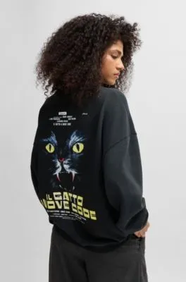 Sudadera en felpa de algodón flameado con estampado gráfico de gato