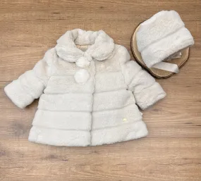 Two-color striped fur coat and hood set.