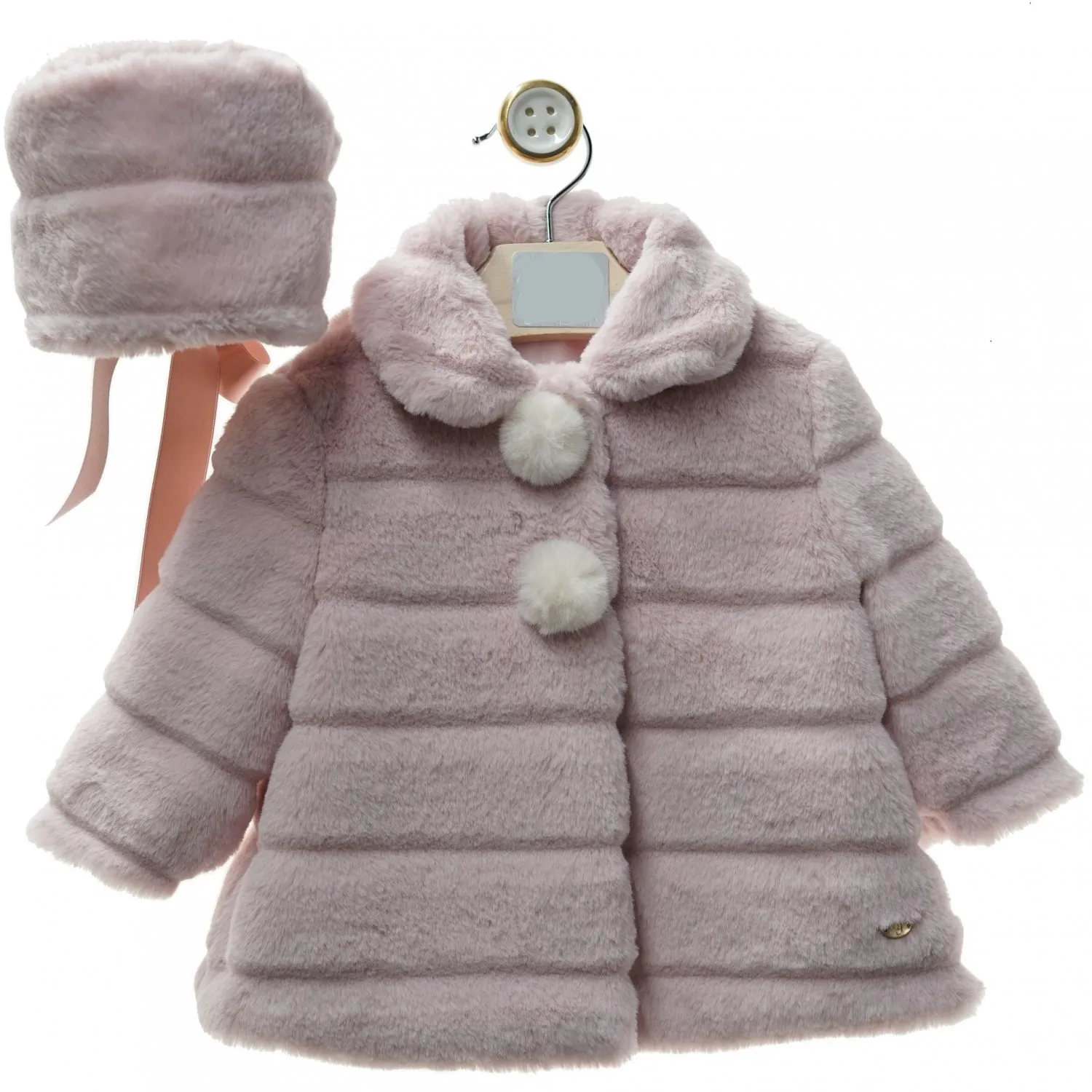 Two-color striped fur coat and hood set.