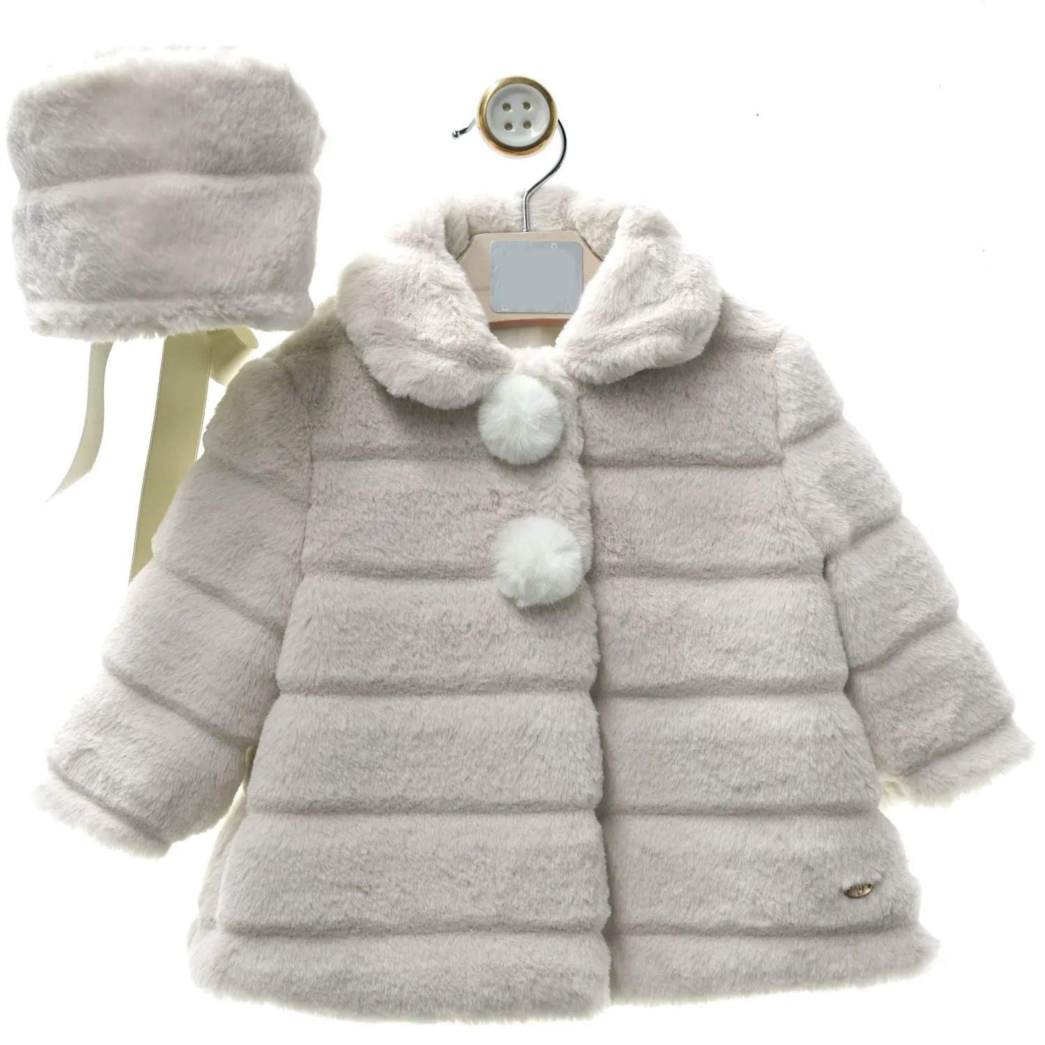 Two-color striped fur coat and hood set.