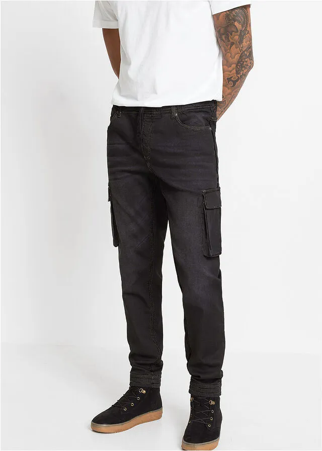 Vaqueros tipo cargo slim fit sin cierre, straight denim negro