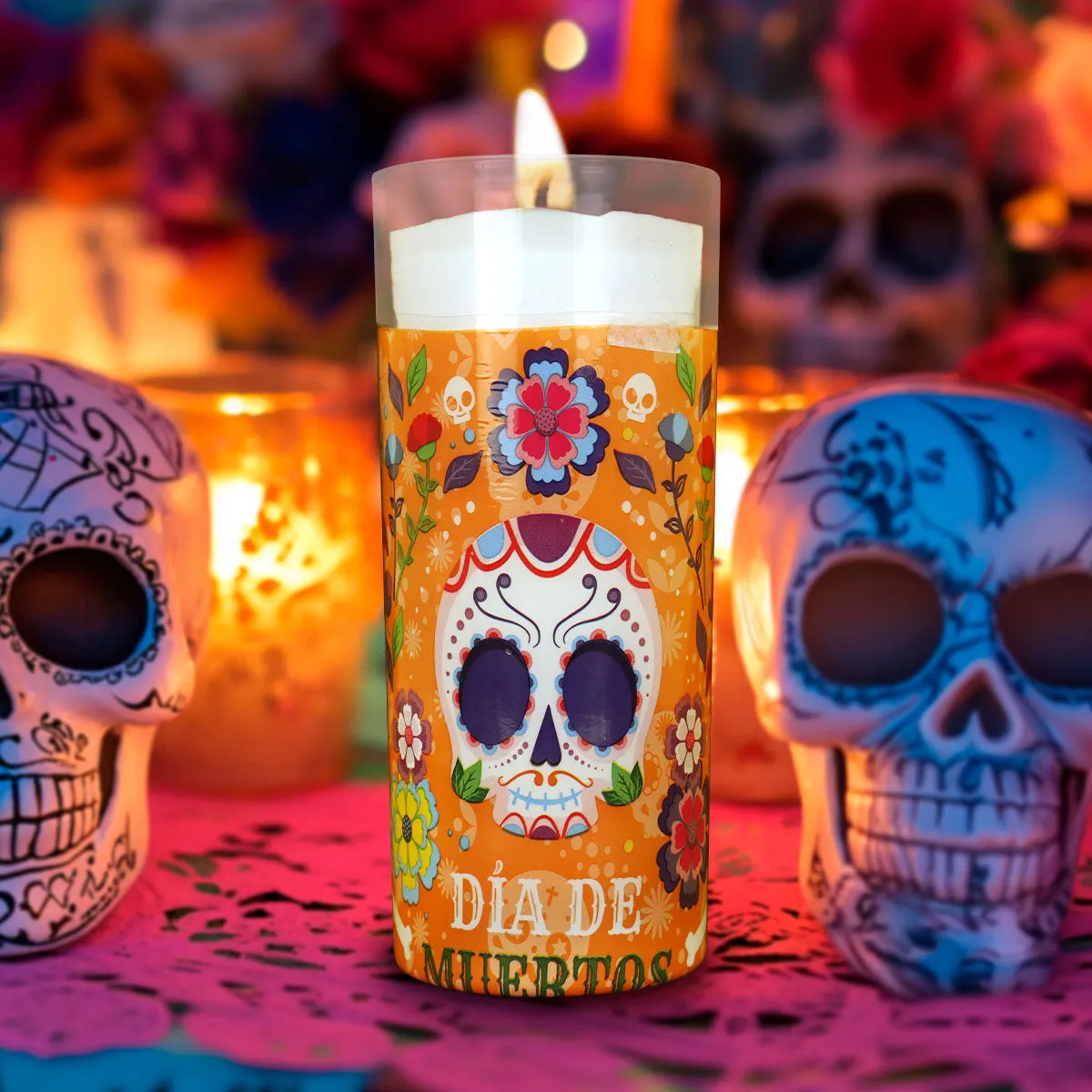 Veladora con Diseo de Calavera de Azúcar para Día de Muertos