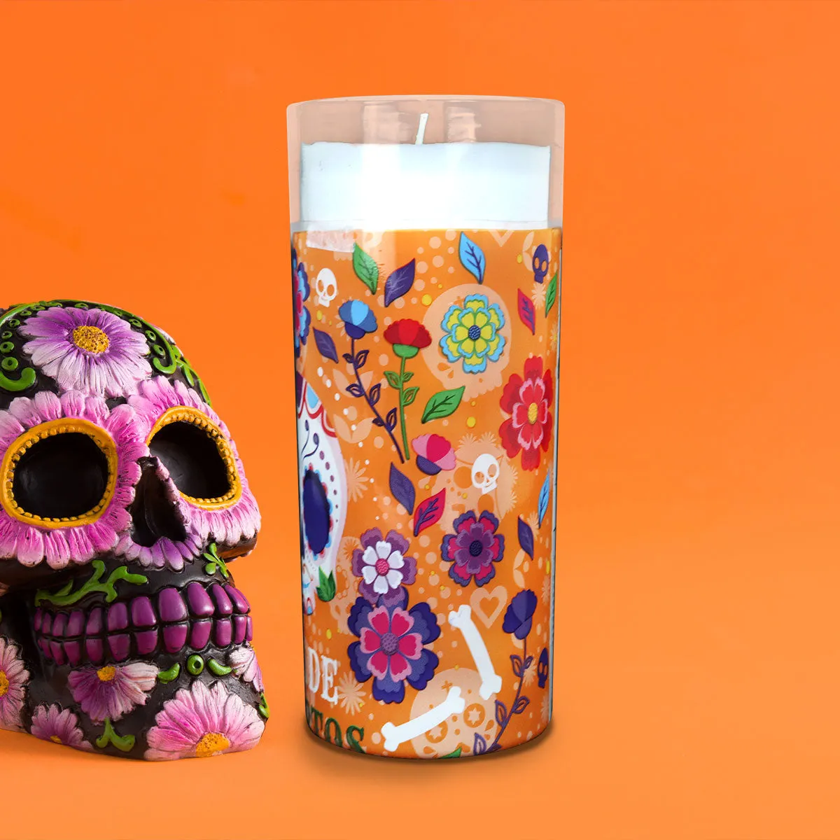 Veladora con Diseo de Calavera de Azúcar para Día de Muertos