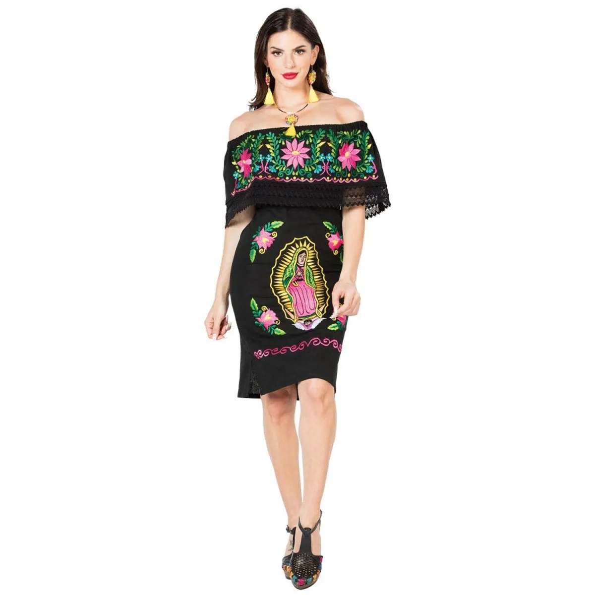 Vestido Artesanal Fino Bordado de la Virgen Color Negro para Mujer GEN-603709