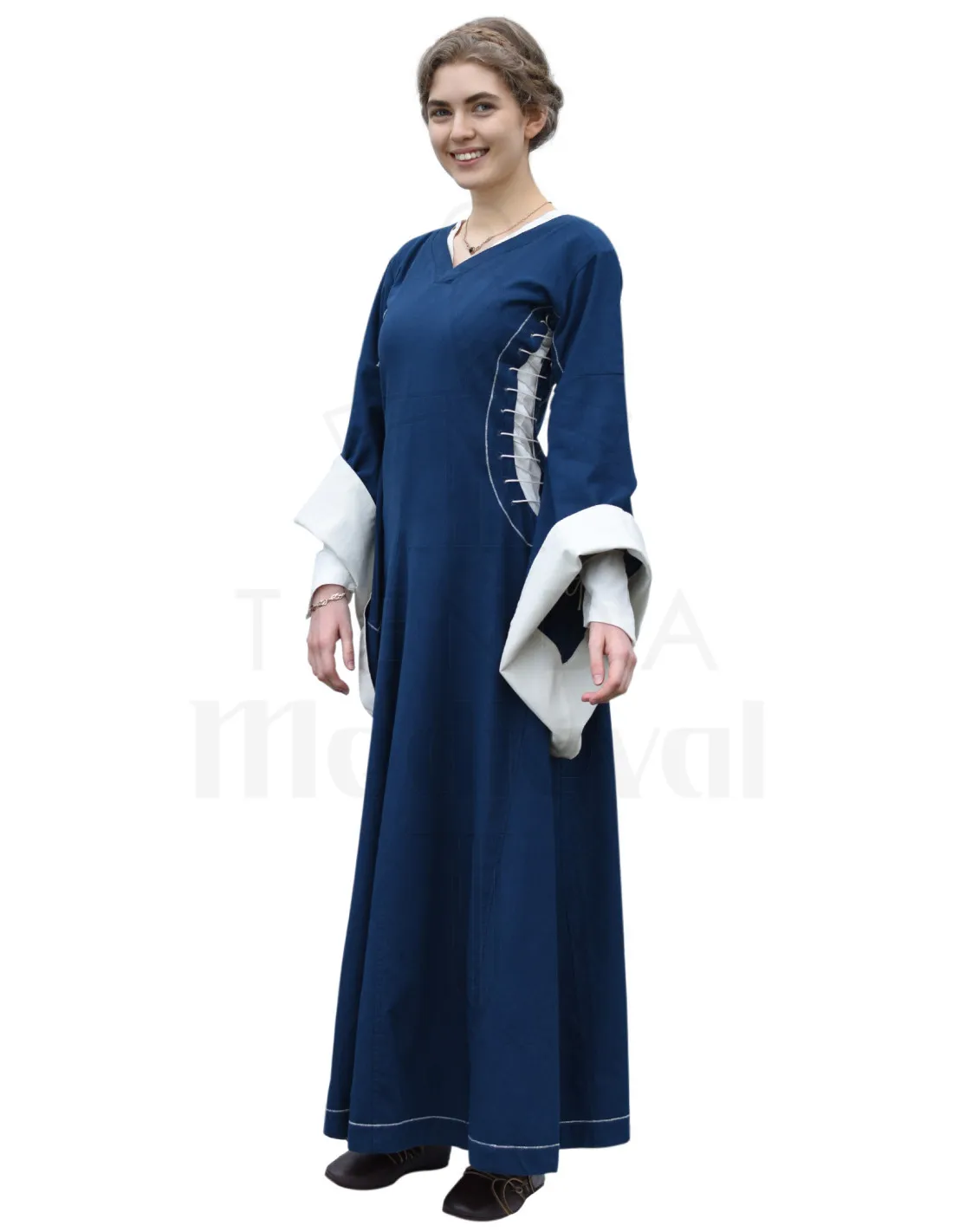 Vestido medieval abierto Bliaut Amal, azul-natural