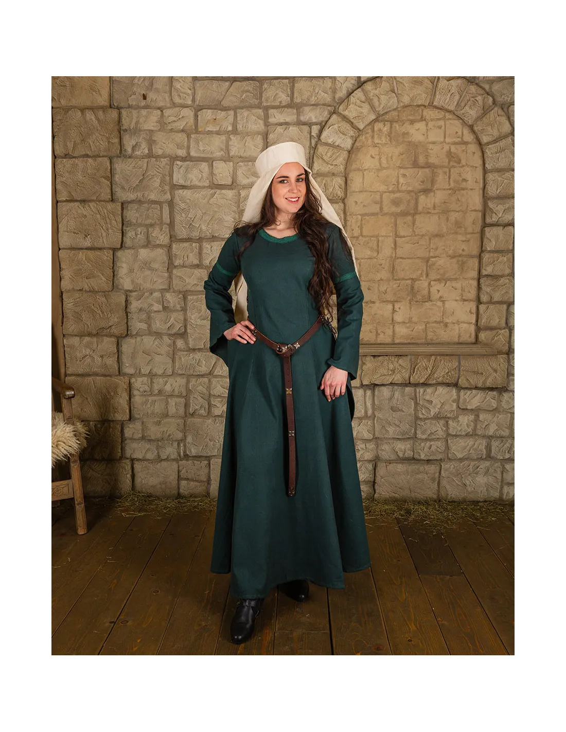 Vestido medieval en algodón premium modelo Lenora, verde